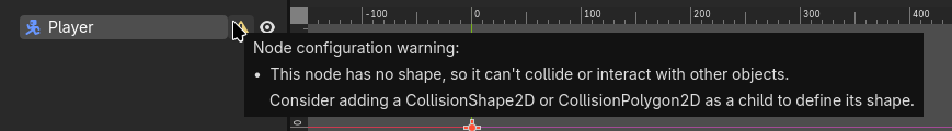 A warning message saying 'Node configuration warning: This node has no shape, so it can't collide or interact with other objects. Consider adding a CollisionShape2D or CollisionPolygon2D as a child to define it's shape.'