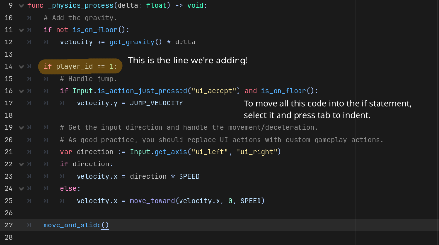 The edited player script, with annotations