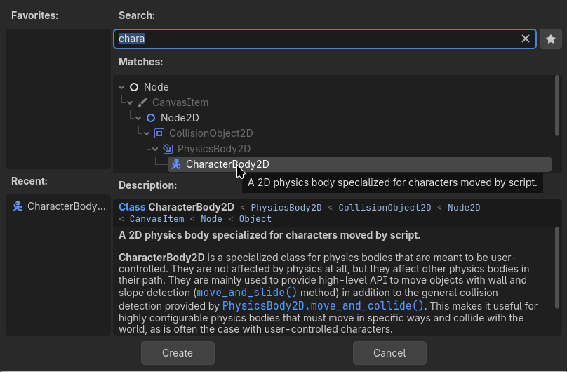 Screenshot of the 'Create New Node' menu in Godot
